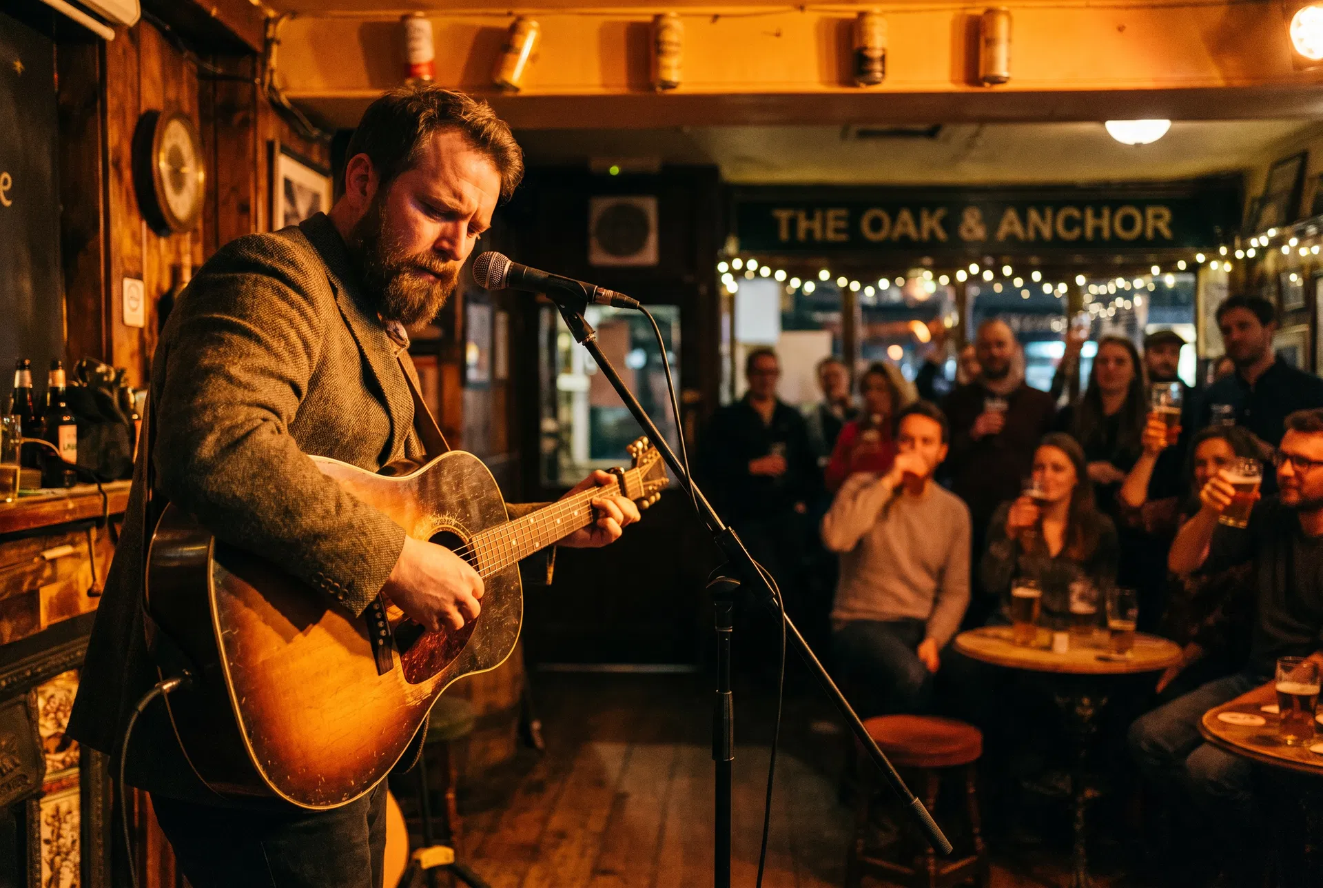 A solo artist performing live to pub customers